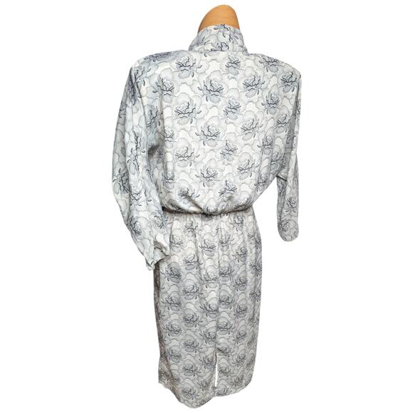 Vtg 1980s Positive Influence White Black Pointillist Floral Drape Midi Dress 7 8 - Picture 3 of 7